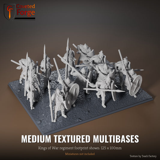 Medium Textured multibase, 125 x 100mm Kings of War regiment footprint shown with 25mm infantry, 3D printed resin, texture by Txarli Factory
