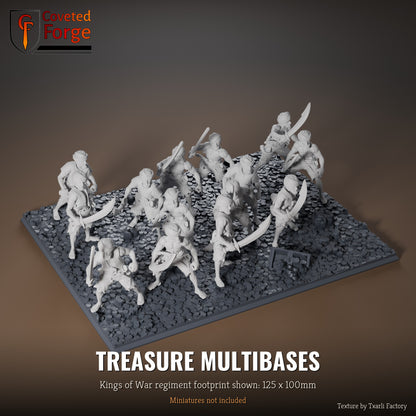 Treasure multibase, 125 x 100mm Kings of War regiment footprint shown with 25mm infantry, 3D printed resin, texture by Txarli Factory
