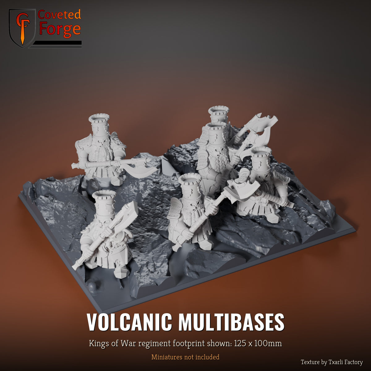 Volcanic multibase, 125 x 100mm Kings of War regiment footprint shown with 25mm infantry, 3D printed resin, texture by Txarli Factory