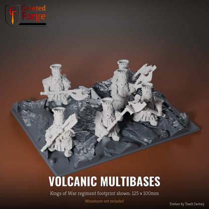 Volcanic multibase, 125 x 100mm Kings of War regiment footprint shown with 25mm infantry, 3D printed resin, texture by Txarli Factory