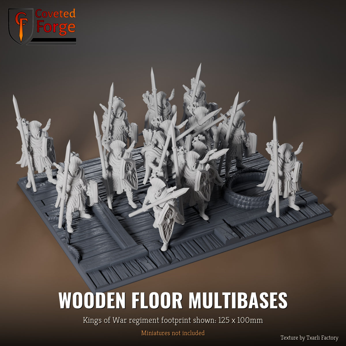 Wooden Floor multibase, 125 x 100mm Kings of War regiment footprint shown with 25mm infantry, 3D printed resin, texture by Txarli Factory