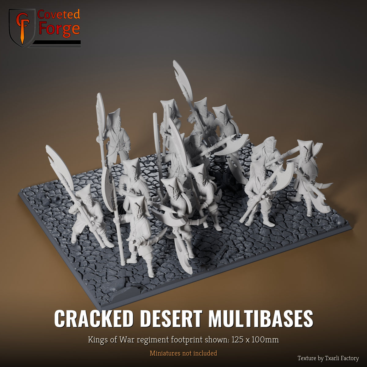 Cracked Desert multibase, 125 x 100mm Kings of War regiment footprint shown with 25mm infantry, 3D printed resin, texture by Txarli Factory