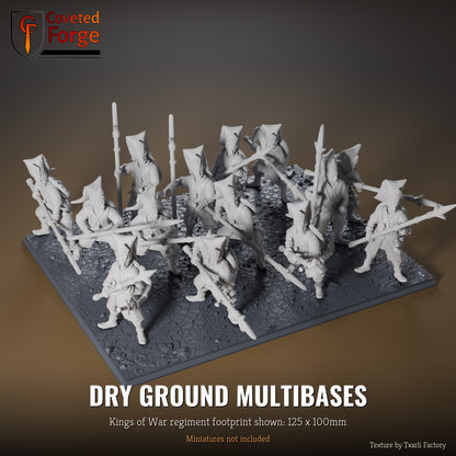 Dry Ground multibase, 125 x 100mm Kings of War regiment footprint shown with 25mm infantry, 3D printed resin, texture by Txarli Factory