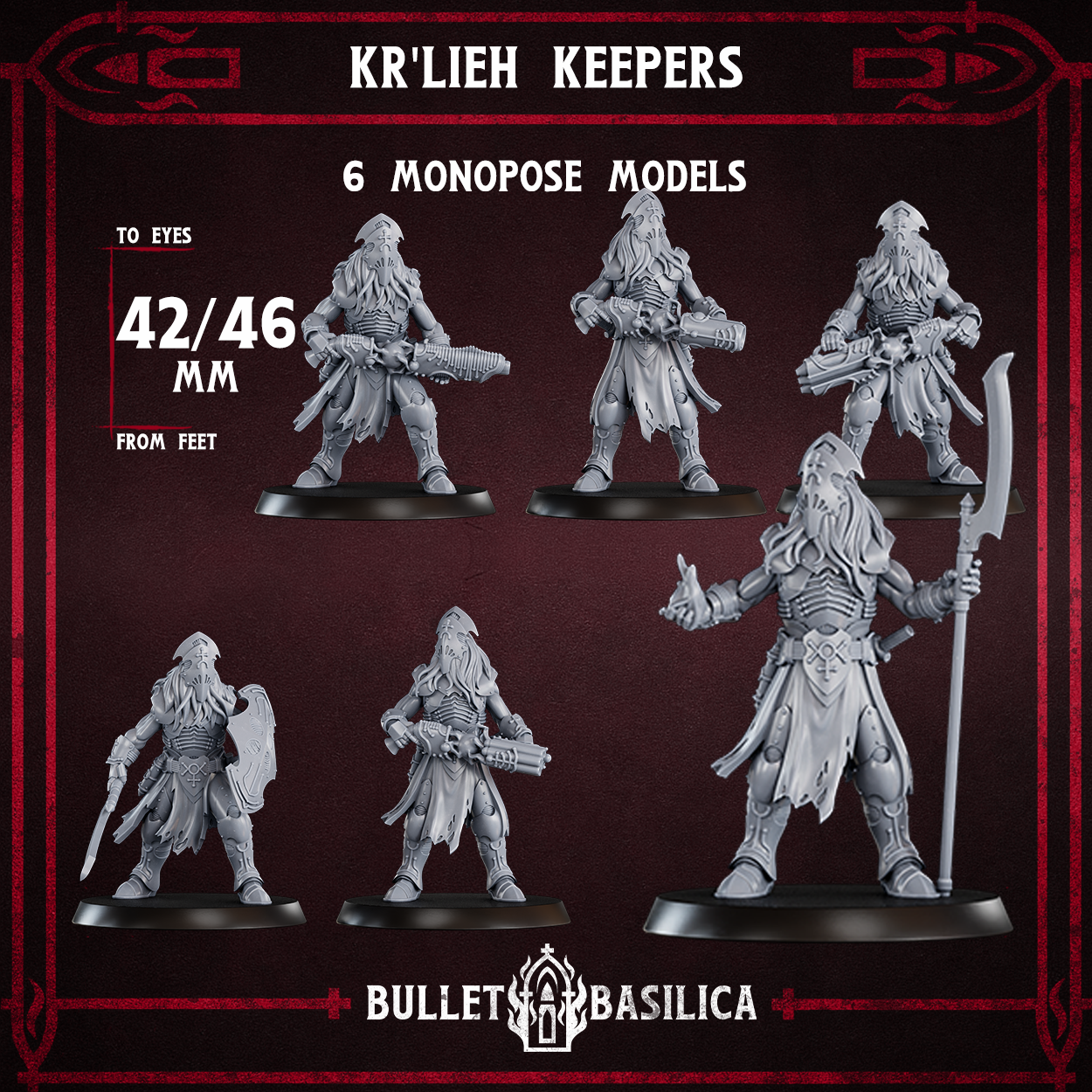 Bullet Basilica studio render of the full Kr'lieh Keepers Squad: six monopose alien cult warrior miniatures in segmented chest armor and ragged tabards, hooded over tentacled faces and armed with glaives, blades and arc rifles, beside a 42-46mm scale guide. Unpainted 32mm-scale 3D-printed resin proxies for grimdark sci-fi tabletop wargaming.