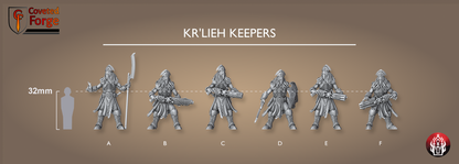 Coveted Forge scale lineup of the six Kr'lieh Keepers Squad miniatures beside a 32mm human silhouette, each monopose alien cult warrior labelled A-F at true size. Unpainted 3D-printed resin proxies for 28-32mm grimdark sci-fi tabletop wargaming.