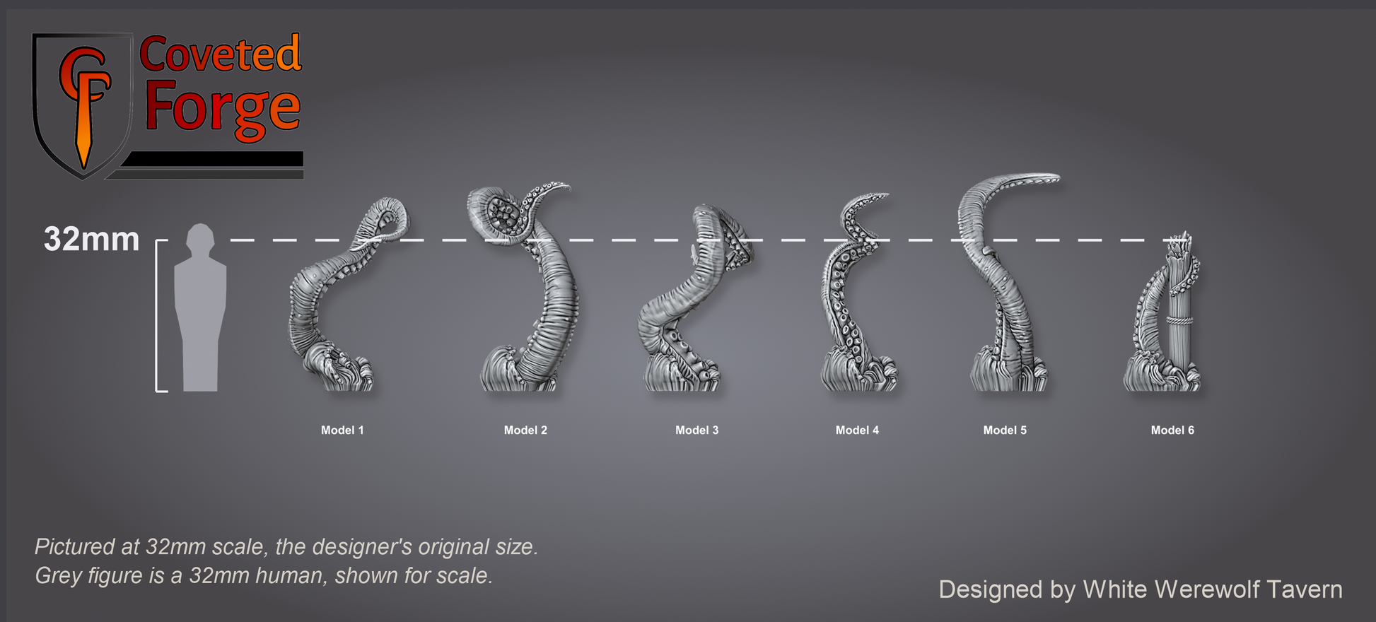 Scale reference: Kraken Tentacles at 32mm scale beside a 32mm human silhouette