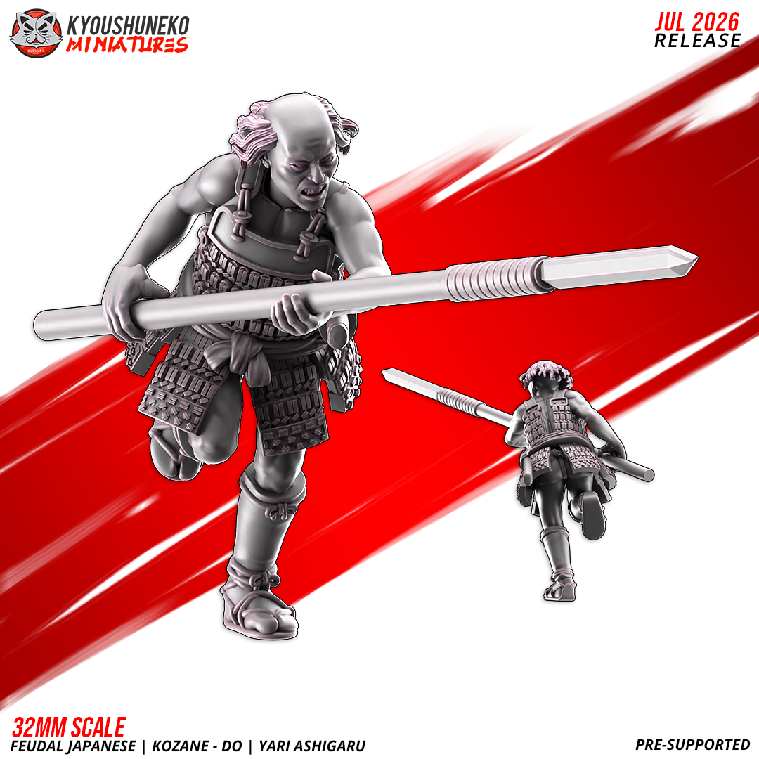 Close-up of a Late Sengoku ashigaru spearman charging with a yari in kozane-do lamellar armour, front and rear views