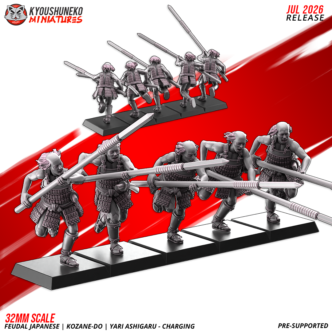 Two ranks of five Late Sengoku ashigaru spearmen charging with yari in kozane-do lamellar armour on movement bases