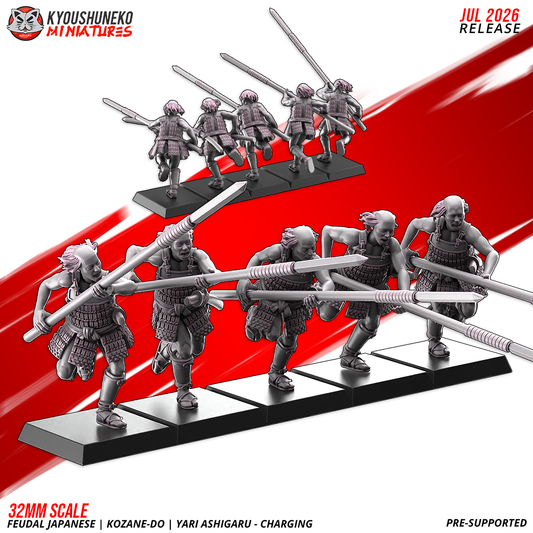 Two ranks of five Late Sengoku ashigaru spearmen charging with yari in kozane-do lamellar armour on movement bases