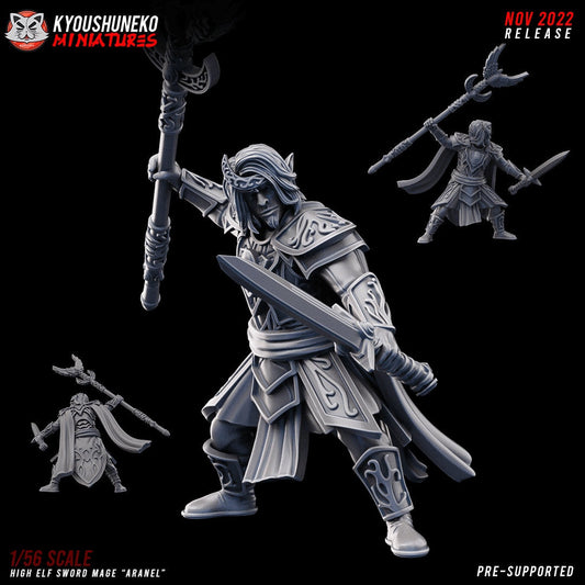 High Elf Battlemage, designer render by Kyoushuneko Miniatures: an elf sword mage in a thorned circlet and ornate armour with a winged staff and a sword, front view with smaller side and back views; unpainted 3D printed resin miniature in 28mm, 30mm or 32mm scale.