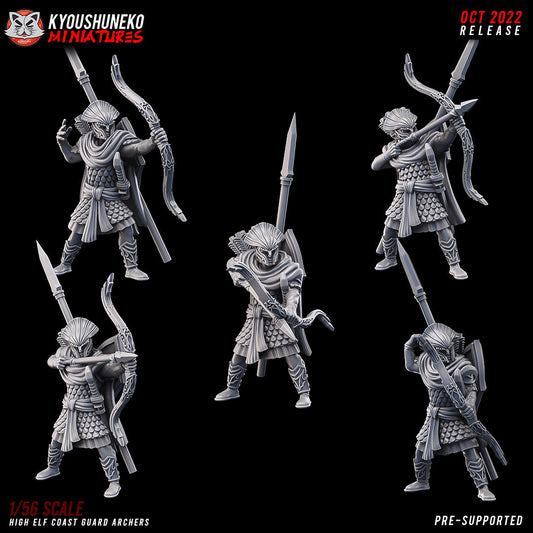 High Elf Coast Guard Archers, all five sculpts (Model A to Model E), designer render by Kyoushuneko Miniatures: armoured elf bowmen with recurved bows, crested full-face helms and scale coats, spears and tall shields slung behind; unpainted 3D printed resin infantry miniatures in 28mm, 30mm or 32mm scale.