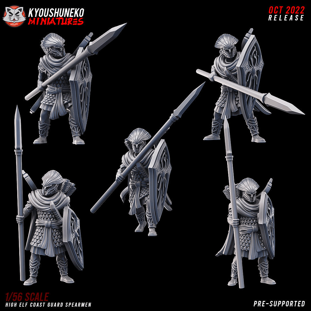 High Elf Coast Guard Spearmen, all five sculpts (Model A to Model E), designer render by Kyoushuneko Miniatures: armoured elf soldiers with long spears, tall shields and crested full-face helms, bows and quivers on the back; unpainted 3D printed resin infantry miniatures in 28mm, 30mm or 32mm scale.