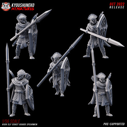 High Elf Coast Guard Spearmen, all five sculpts (Model A to Model E), designer render by Kyoushuneko Miniatures: armoured elf soldiers with long spears, tall shields and crested full-face helms, bows and quivers on the back; unpainted 3D printed resin infantry miniatures in 28mm, 30mm or 32mm scale.