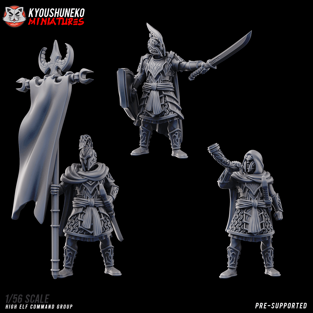High Elf command figures counted inside the w/ Command packs: a Captain with a curved sword and shield, a Standard Bearer with a tall banner and a Musician with a horn; designer render by Kyoushuneko Miniatures.