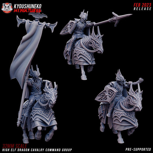 High Elf Dragon Cavalry Command Group, designer render by Kyoushuneko Miniatures: the Standard Bearer with his banner, the Captain with spear and shield and the Musician with his horn, each on a barded horse; unpainted 3D printed resin cavalry miniatures in 28mm, 30mm or 32mm scale; the Full Command includes all three.