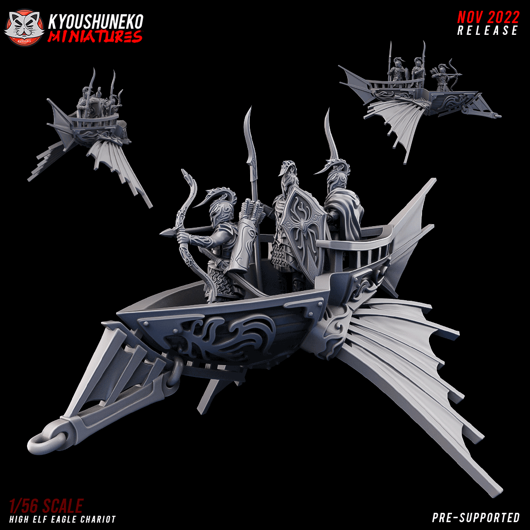 High Elf Eagle Chariot close-up, designer render by Kyoushuneko Miniatures: the carved chariot hull with swept fins and its crew of two spearmen with curved-bladed spears and kite shields and an archer with a bow.