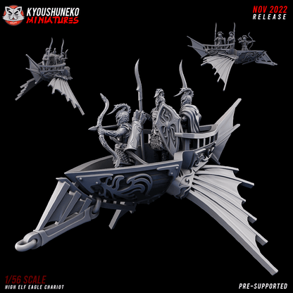 High Elf Eagle Chariot close-up, designer render by Kyoushuneko Miniatures: the carved chariot hull with swept fins and its crew of two spearmen with curved-bladed spears and kite shields and an archer with a bow.