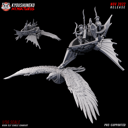High Elf Eagle Chariot, designer render by Kyoushuneko Miniatures: a great eagle towing a boat-hulled sky chariot on a chain, crewed by two High Elf spearmen with kite shields and an archer; unpainted 3D printed resin miniature in 28mm, 30mm or 32mm scale.
