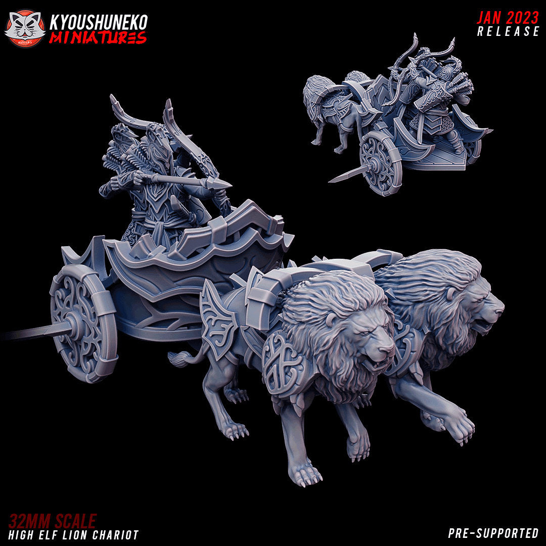 High Elf Lion Chariot, designer render by Kyoushuneko Miniatures: two armoured lions pulling a curved chariot with bladed wheels, crewed by two High Elf archers drawing their bows; unpainted 3D printed resin miniature in 28mm, 30mm or 32mm scale.