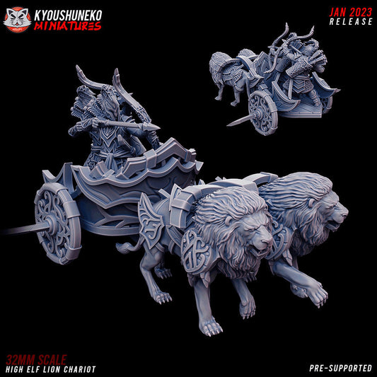 High Elf Lion Chariot, designer render by Kyoushuneko Miniatures: two armoured lions pulling a curved chariot with bladed wheels, crewed by two High Elf archers drawing their bows; unpainted 3D printed resin miniature in 28mm, 30mm or 32mm scale.