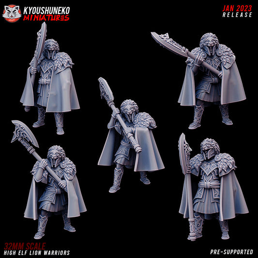High Elf Lion Warriors, designer render by Kyoushuneko Miniatures: five elf warriors with two-handed great axes, lion-pelt helms and fur-collared cloaks; unpainted 3D printed resin miniatures in 28mm, 30mm or 32mm scale.