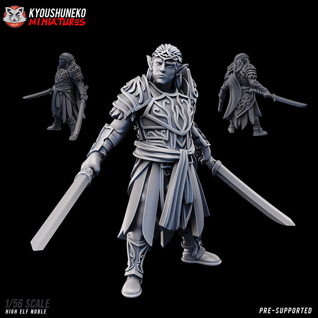 High Elf Noble, designer render by Kyoushuneko Miniatures: an elf noble in a thorned circlet and ornate plate armour with a long sword in each hand, front view with smaller side and back views; unpainted 3D printed resin miniature in 28mm, 30mm or 32mm scale.
