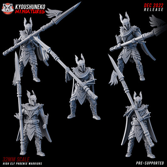 High Elf Phoenix Warriors, designer render by Kyoushuneko Miniatures: five elf warriors with long bladed polearms, winged full-face helms, high scarves and long cloaks, in five poses; unpainted 3D printed resin miniatures in 28mm, 30mm or 32mm scale.