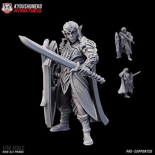 High Elf Prince, designer render by Kyoushuneko Miniatures: an elf prince in a thorned circlet and ornate plate armour with a long sword and a tall shield, front view with smaller side and back views; unpainted 3D printed resin miniature in 28mm, 30mm or 32mm scale.