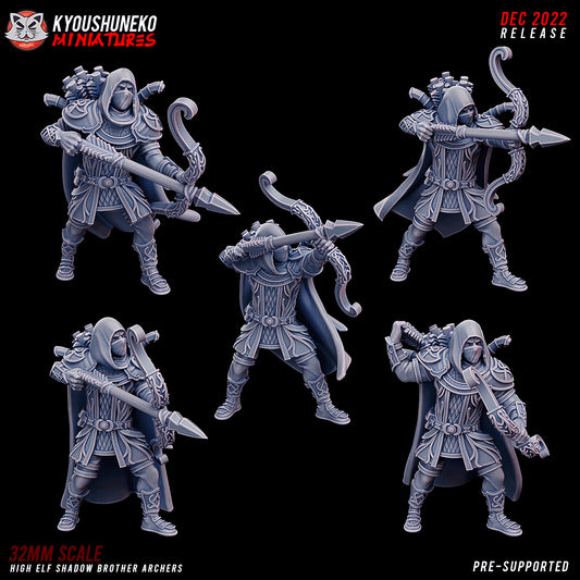 High Elf Shadow Brothers Archers, all five sculpts (Model A to Model E), designer render by Kyoushuneko Miniatures: hooded, masked elf scouts with long recurved bows, long cloaks and quivers on the back; unpainted 3D printed resin infantry miniatures in 28mm, 30mm or 32mm scale.