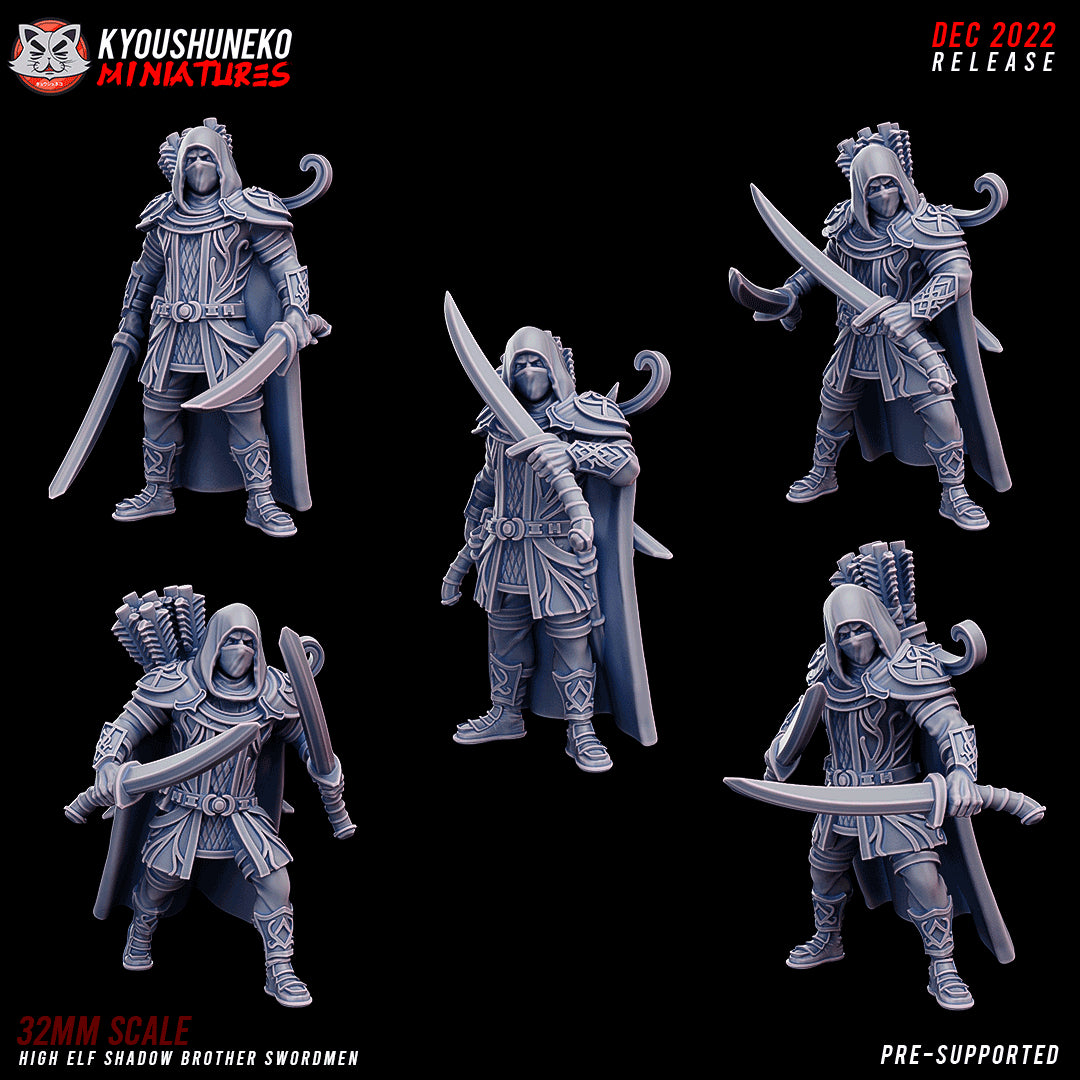 High Elf Shadow Brothers Swordsmen, all five sculpts (Model A to Model E), designer render by Kyoushuneko Miniatures: hooded, masked elf scouts with paired curved swords, long cloaks, bows and quivers on the back; unpainted 3D printed resin infantry miniatures in 28mm, 30mm or 32mm scale.