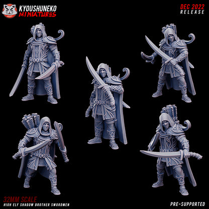 High Elf Shadow Brothers Swordsmen, all five sculpts (Model A to Model E), designer render by Kyoushuneko Miniatures: hooded, masked elf scouts with paired curved swords, long cloaks, bows and quivers on the back; unpainted 3D printed resin infantry miniatures in 28mm, 30mm or 32mm scale.