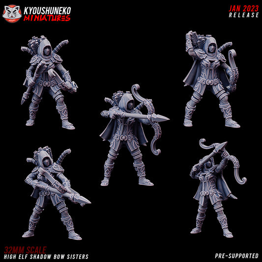 High Elf Shadow Sisters Archers, all five sculpts (Model A, Model B, Model C, Model D and Model E), designer render by Kyoushuneko Miniatures: hooded, masked female elf scouts with long recurved bows, quivers and long cloaks; unpainted 3D printed resin infantry miniatures in 28mm, 30mm or 32mm scale.
