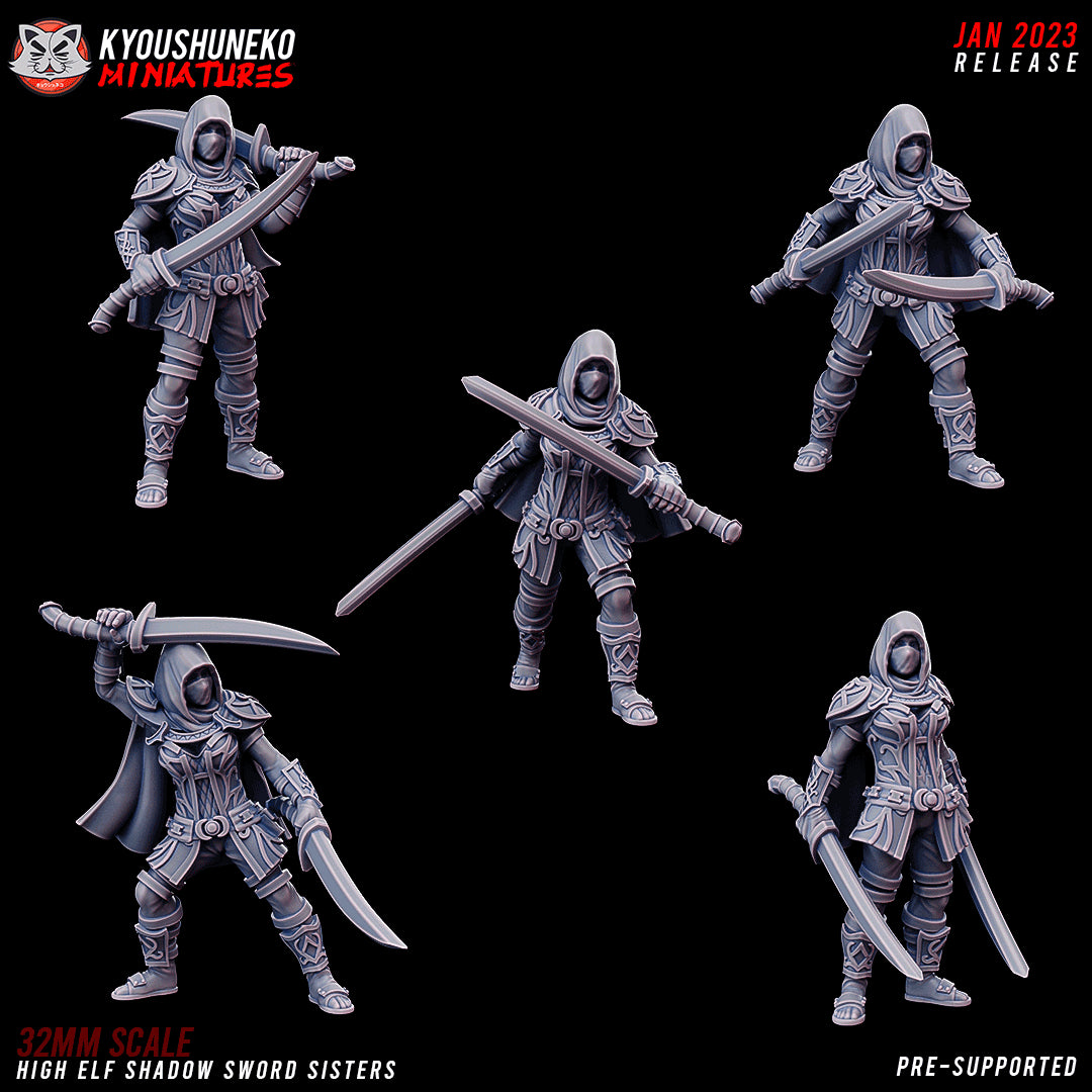 High Elf Shadow Sisters Swordswomen, all five sculpts (Model A, Model B, Model C, Model D and Model E), designer render by Kyoushuneko Miniatures: hooded, masked female elf scouts with curved swords and a long two-handed straight sword, long cloaks; unpainted 3D printed resin infantry miniatures in 28mm, 30mm or 32mm scale.