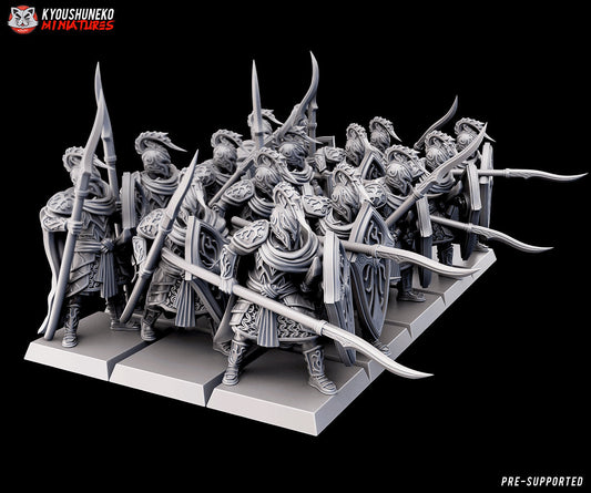 High Elf Spearmen, designer render by Kyoushuneko Miniatures: a ranked unit of elf infantry with long spears, kite shields and crested helms; unpainted 3D printed resin miniatures in 28mm, 30mm or 32mm scale.