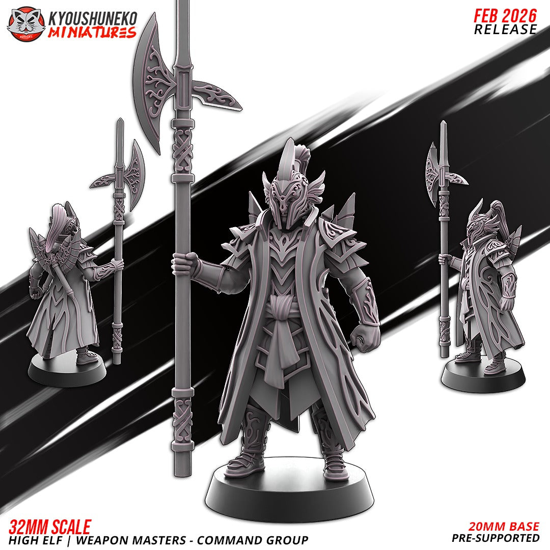 High Elf Weapon Masters Command Group Captain, designer render by Kyoushuneko Miniatures: a tall halberd held upright, winged helm crest, long armoured coat; Standard Bearer and Musician behind.