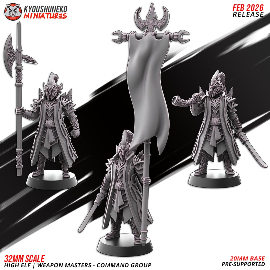 High Elf Weapon Masters Command Group, designer render by Kyoushuneko Miniatures: the Captain with a tall halberd, the Standard Bearer with a banner and curved sword and the Musician with a horn and curved sword, all in plumed full-face helms and long armoured coats; unpainted 3D printed resin miniatures in 28mm, 30mm or 32mm scale; the Full Command includes all three.