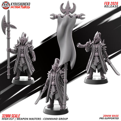 High Elf Weapon Masters Command Group, designer render by Kyoushuneko Miniatures: the Captain with a tall halberd, the Standard Bearer with a banner and curved sword and the Musician with a horn and curved sword, all in plumed full-face helms and long armoured coats; unpainted 3D printed resin miniatures in 28mm, 30mm or 32mm scale; the Full Command includes all three.