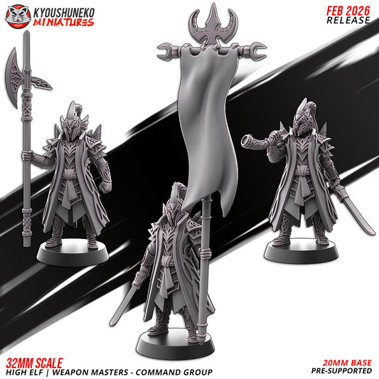High Elf Weapon Masters Command Group, designer render by Kyoushuneko Miniatures: the Captain with a tall halberd, the Standard Bearer with a banner and curved sword and the Musician with a horn and curved sword, all in plumed full-face helms and long armoured coats; unpainted 3D printed resin miniatures in 28mm, 30mm or 32mm scale; the Full Command includes all three.