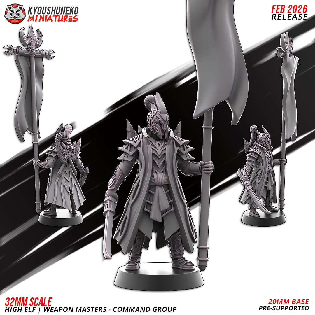 High Elf Weapon Masters Command Group Standard Bearer, designer render by Kyoushuneko Miniatures: a tall banner with a crescent finial and a curved sword held low; Captain and Musician behind.