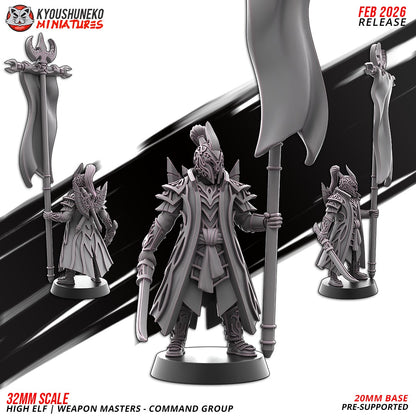 High Elf Weapon Masters Command Group Standard Bearer, designer render by Kyoushuneko Miniatures: a tall banner with a crescent finial and a curved sword held low; Captain and Musician behind.