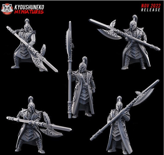 High Elf Weapon Masters, designer render by Kyoushuneko Miniatures: five elf warriors with long halberds, plumed full-face helms and long armoured coats, in five poses; unpainted 3D printed resin miniatures in 28mm, 30mm or 32mm scale.