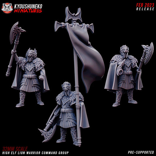 High Elf Lion Warrior Command Group, designer render by Kyoushuneko Miniatures: the Captain with a raised great axe, the Standard Bearer with a tall banner and the Musician with a horn and great axe, all in lion-pelt helms and fur-collared cloaks; unpainted 3D printed resin miniatures in 28mm, 30mm or 32mm scale; the Full Command includes all three.