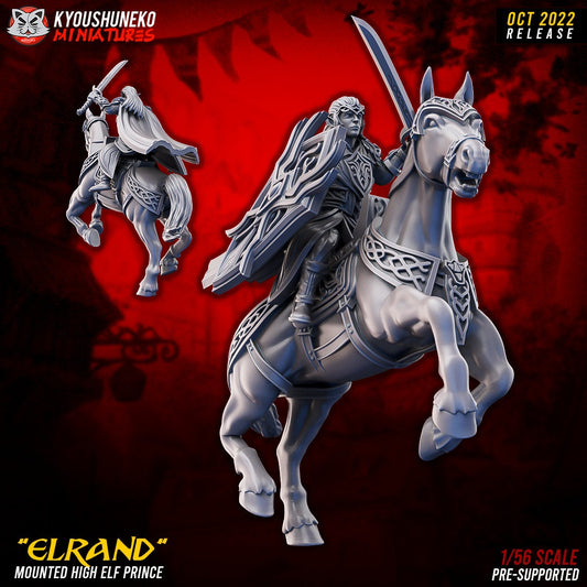 Mounted High Elf Prince, designer render by Kyoushuneko Miniatures: an elf prince in a thorned circlet and ornate plate armour with a long sword and a tall shield, riding a barded warhorse; unpainted 3D printed resin miniature in 28mm, 30mm or 32mm scale, rider and horse printed separately.