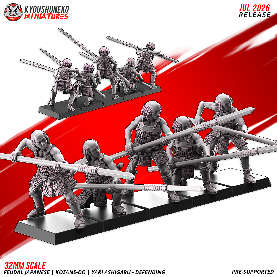 Late Sengoku kozane-do ashigaru spearmen with yari spears braced to defend, five ranked figures by Kyoushuneko