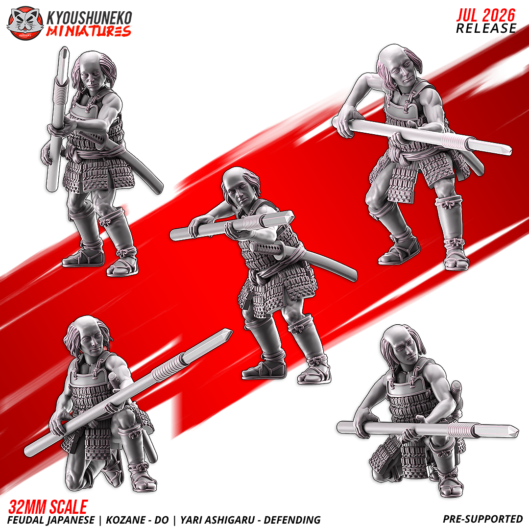 Five Late Sengoku ashigaru yari spearmen in kozane-do lamellar armour, individual defensive poses