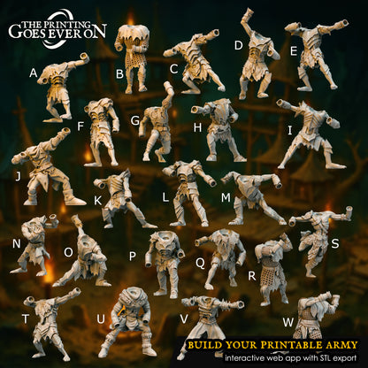 Goblin Bodies bits A to W labeled: 23 modular armored, wild and stalker goblin torsos by The Printing Goes Ever On