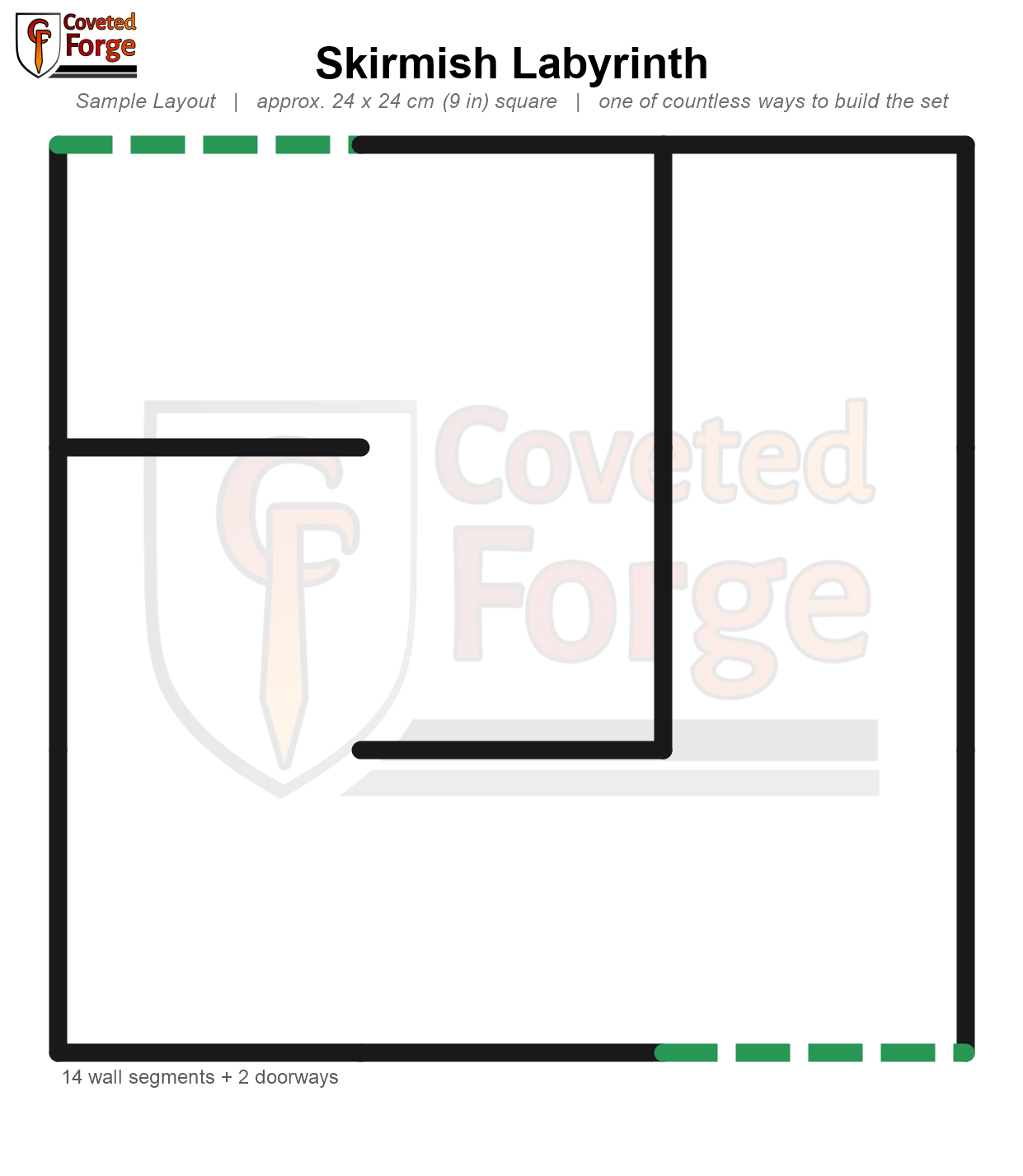 Skirmish Labyrinth sample layout, a 1 foot square 3D printed modular sci-fi terrain maze build guide showing walls, doorways and color coded column connectors by role.