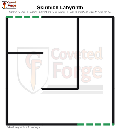 Skirmish Labyrinth sample layout, a 1 foot square 3D printed modular sci-fi terrain maze build guide showing walls, doorways and color coded column connectors by role.