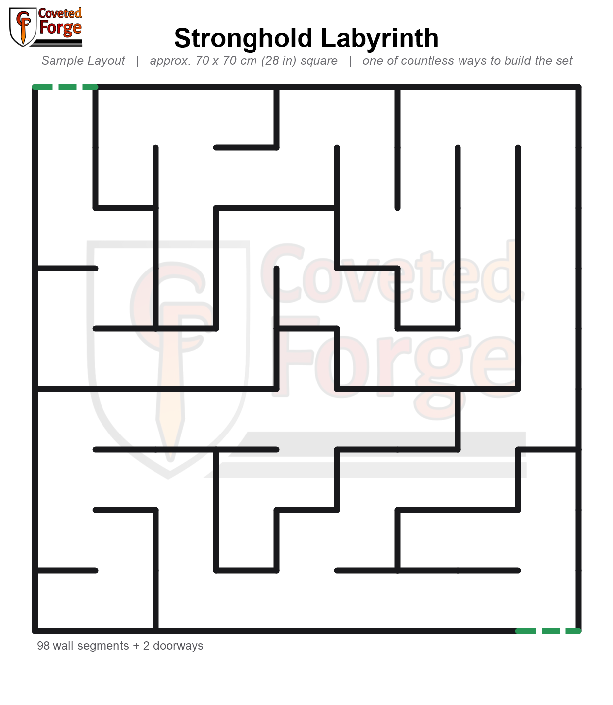 Stronghold Labyrinth sample layout, a 3 foot 3D printed modular sci-fi terrain maze build guide showing walls, doorways and color coded column connectors by role.