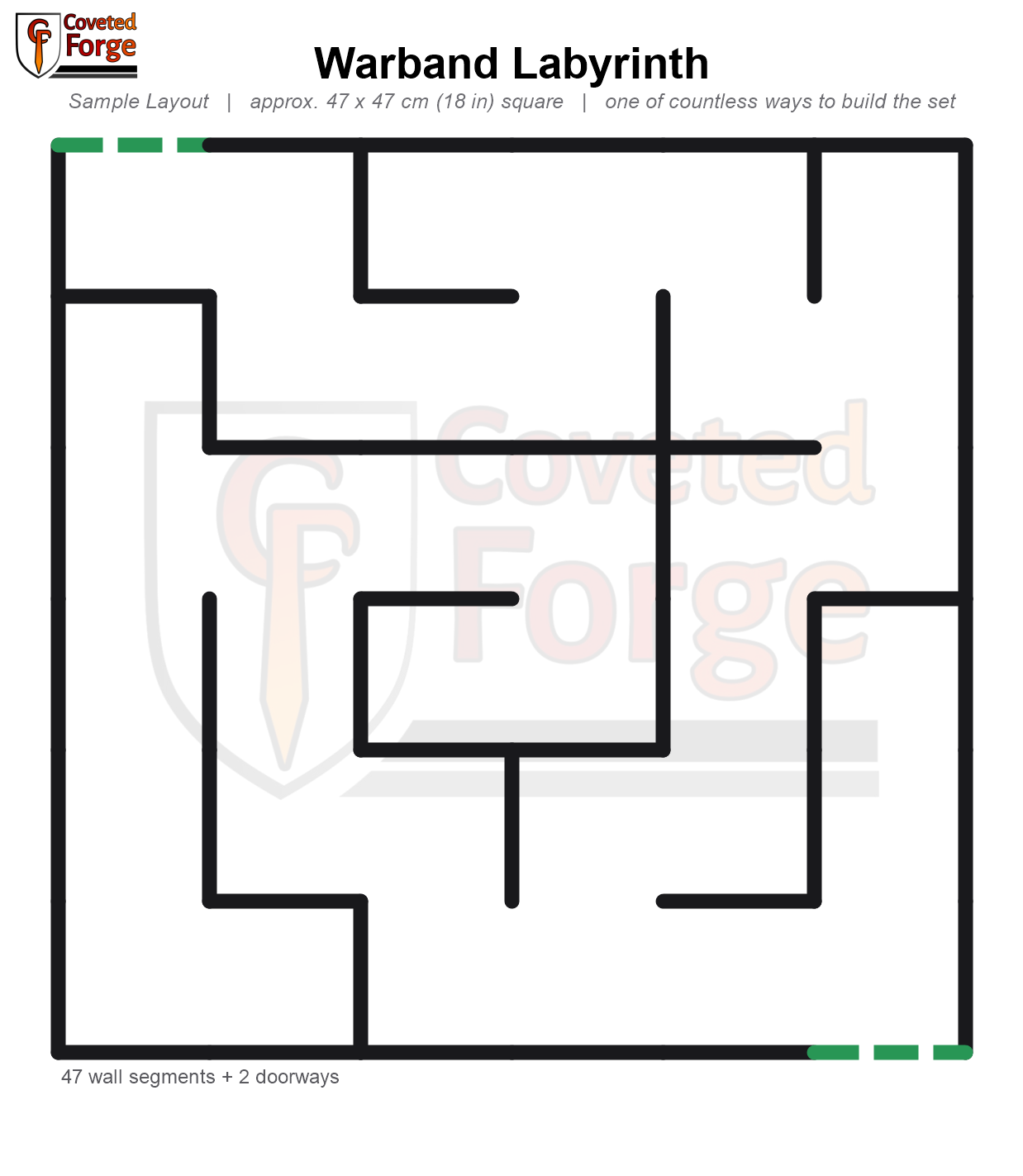 Warband Labyrinth sample layout, a 2 foot 3D printed modular sci-fi terrain maze build guide showing walls, doorways and color coded column connectors by role.